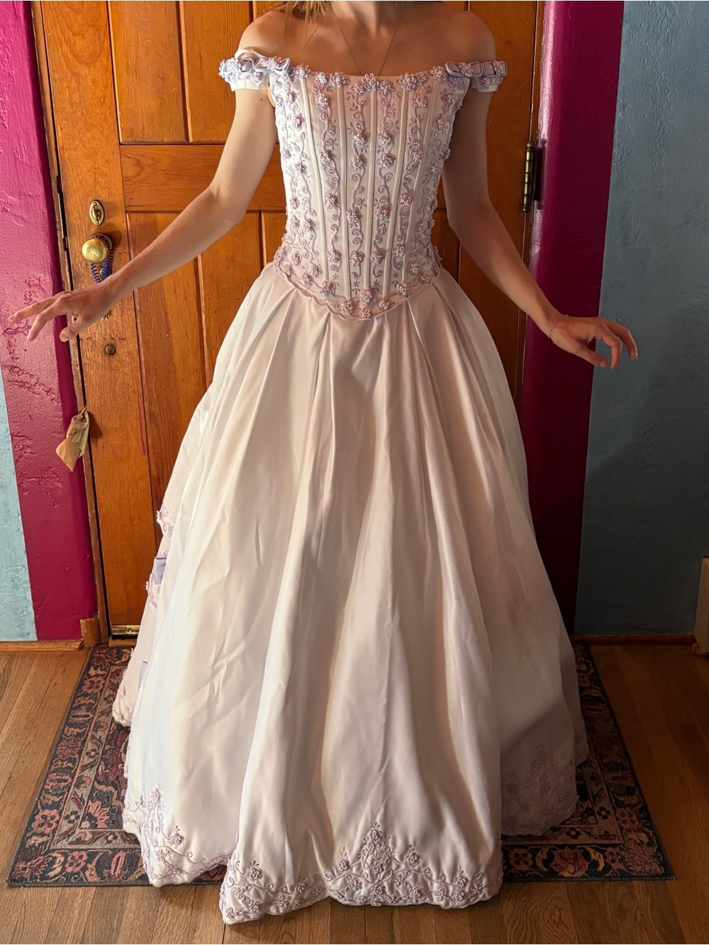 Vintage Late 1990s Lilac & White Ballgown Wedding Dress — Rosette Corset Back